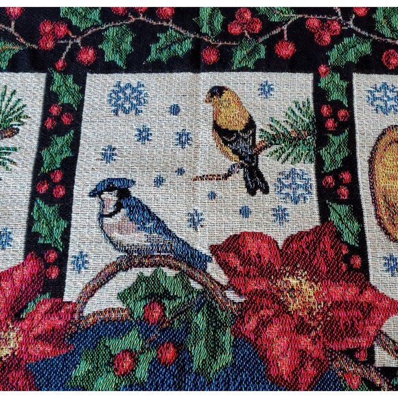 Christmas Tapestry Throw Blanket 54 X 45 Poinsettias Bird Houses Brass Horns Vtg - Picture 7 of 9